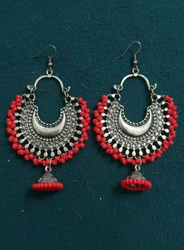 Oxidized Red Beaded Chandbali